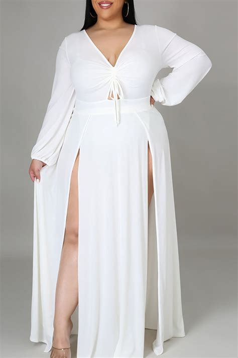 White Elegant Solid Patchwork Frenulum High Opening V Neck Long Sleeve Plus Size Dressesplus