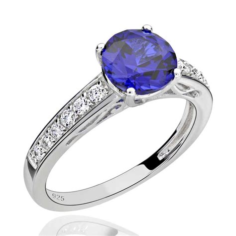 Sterling Silver 2 Ct Round Created Blue Sapphire And Cubic Zirconia Ring