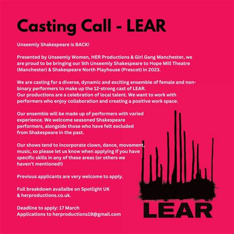 Casting Call LEAR Casting For A Diverse Dynamic And Exciting