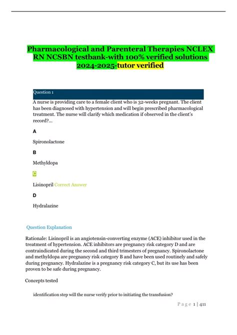 Pharmacological And Parenteral Therapies NCLEX RN NCSBN Testbank With