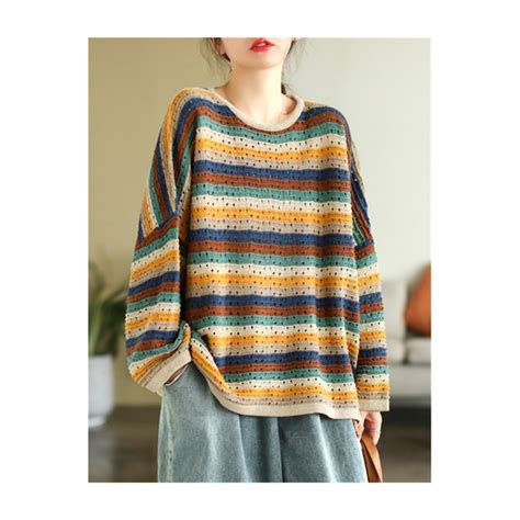 Rainbow Striped Sweater Women Knitted Hollowed Top Colorful Pullover