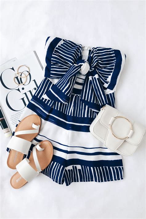 Delphi Blue And White Striped Tie Front Strapless Romper Fashion