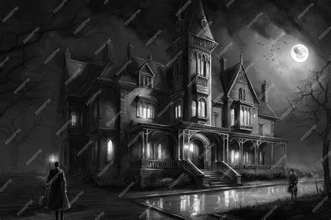 Premium AI Image | Pencil sketch of gothic house in moonlight with ghostly figure on the balcony