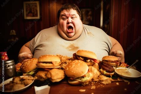 Exaggerated Presentation Of A Greedy Fat Man Eating Fast Food Or Junk Meal In A Fast Food