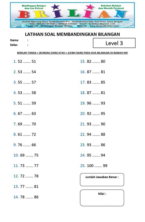 Soal Membandingkan Bilangan Kelas 2 Sd Level 3 Bimbel Brilian