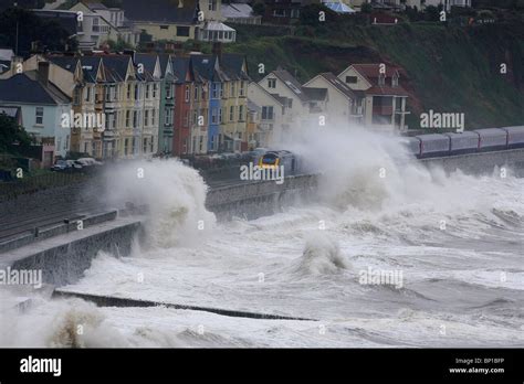 Huge Waves Crash Over The Sea Wall And Railway Line At Dawlish In Devon