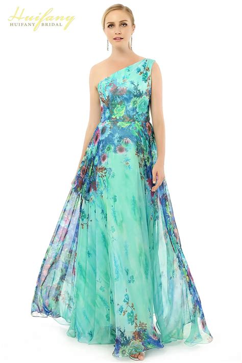 Huifany Flower Pattern Floral Print Chiffon Evening Dress One Shoulder 3 Designs Evening Dresses