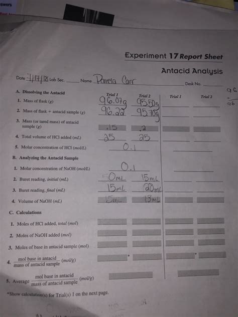 Solved Swers Best A Experiment 17 Report Sheet Antacid Chegg