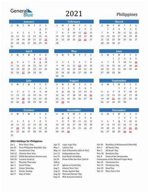 2021 Philippines Calendar With Holidays