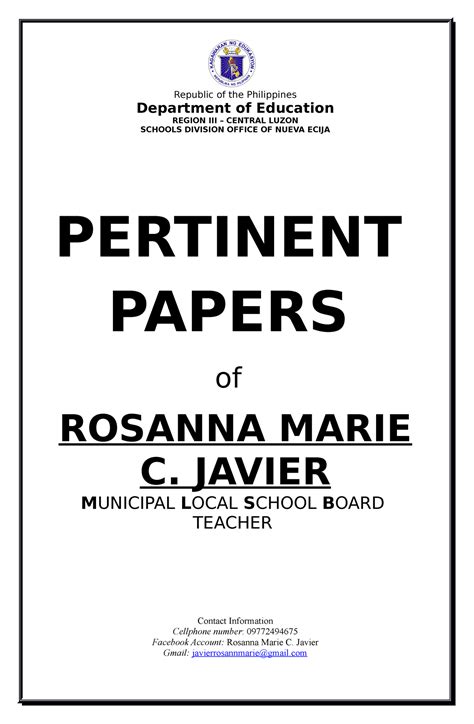 Pertinent Papers And Table Of Contents Department Of Education Region