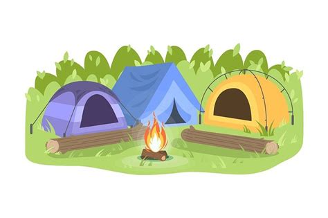 Day Camp Semi Flat Vector Illustration Opposing Tents Near Bonfire