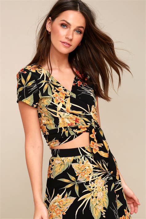 Tropical Black Floral Print Top Wrap Top Wrap Crop Top Lulus