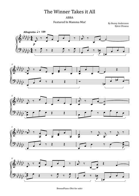 The Winner Takes It All Arr Poon By Abba Sheet Music For Piano Solo