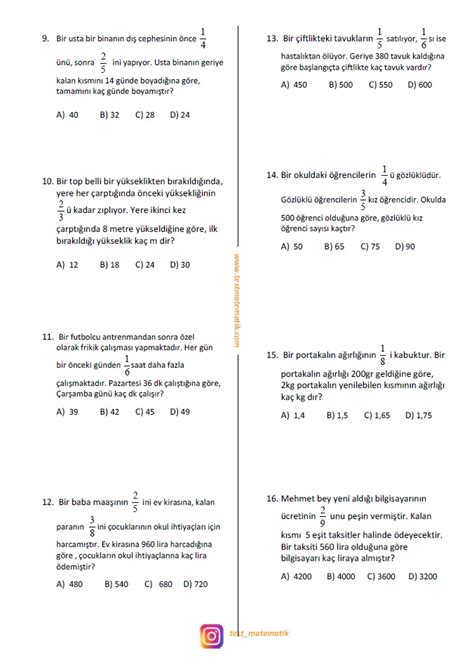 7 SINIF RASYONEL SAYI PROBLEMLERİ Test Matematik