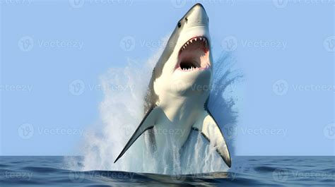 Great White Shark Jumping Out Of Water At Ocean 26480934 Stock Photo