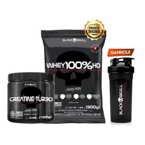 Kit Combo Whey 100 HD 900g Creatina Turbo 150g Coqueteleira Black