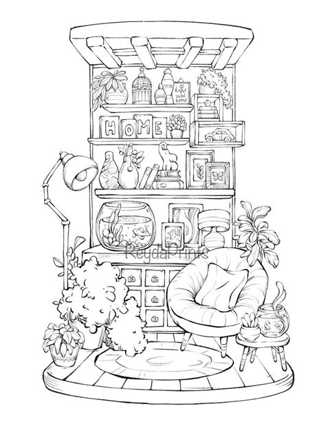 A Black And White Drawing Of A Living Room With Shelves Full Of Things