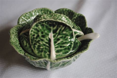 Majolica Bordallo Pinheiro Cabbage Leaf Lidded Tureen Pot With Spoon