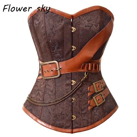 Brown Black Steampunk Corset Steel Bone Overbust Corsets Dobby