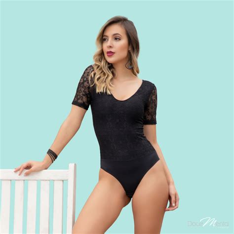 Body Feminino De Renda Manga Decote V Casual Elegante Bore Lingerie