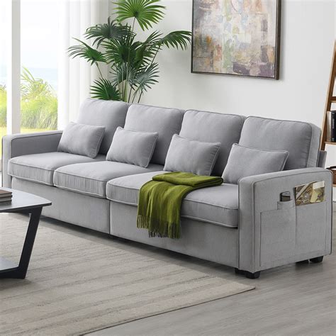 104"L Upholstered Sofa,Modern 4-Seater Linen Fabric Sofa with Armrest ...