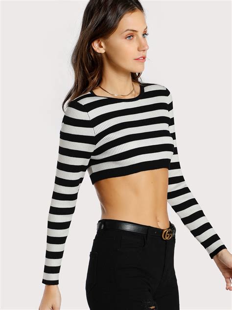 Shop Striped Long Sleeve Crop Top Black White Online Shein Offers