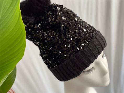 Black Sequin Pom Pom Beanie Hat Winter Hat Bling Sequin Beanie Hat