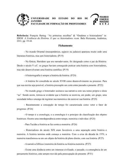 Fichamento A Evidência Da História François Hartog Universidade Do