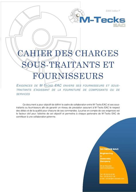 PDF CAHIER DES CHARGES SOUS TRAITANTS ET FOURNISSEURS Cahier Des