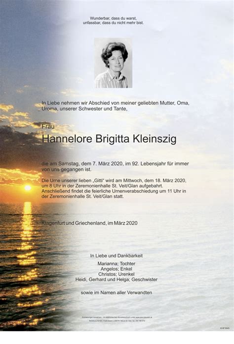 Parte für Hannelore Brigitta Kleinszig pax requiem