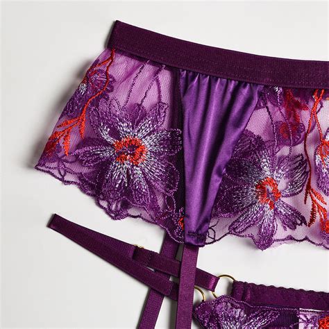 Дамско бельо Ellolace Floral Lingerie Fancy Transparent Sutien Brief Set with Garters Embroidery