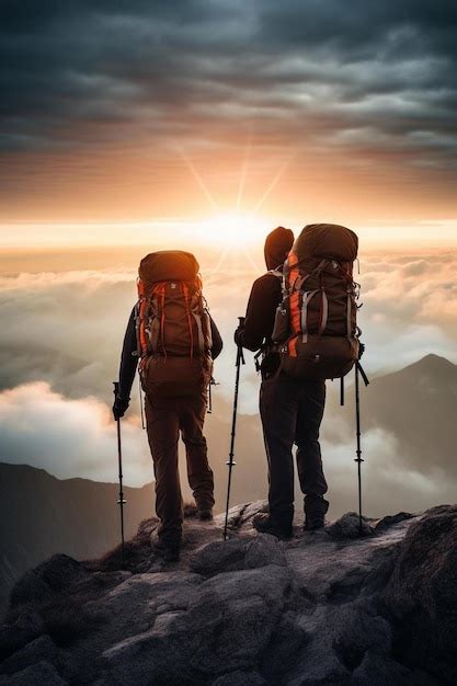 Premium Photo Two Hikers With Backpacks Standing On A Mountain Top