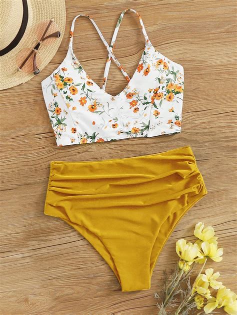 Summer Beach Floral Patchwork Print V Neck Bikini Set Swimsuit SHEIN USA