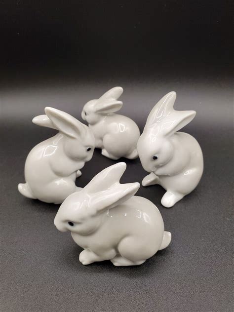 RARE Set 4 Vintage Otagiri Rabbits Bunny Figurine OMC Light Gray