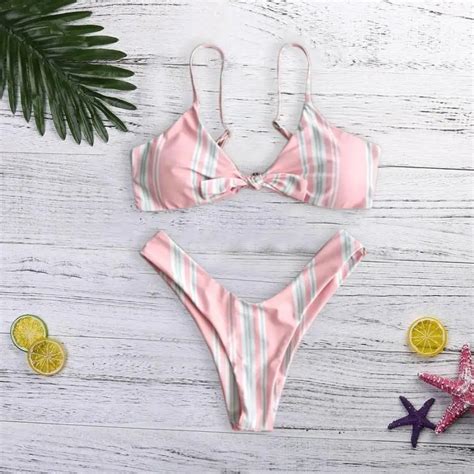 Fabulous Women Swimwear Bikini Set Stripe Push Up Padded Bathing