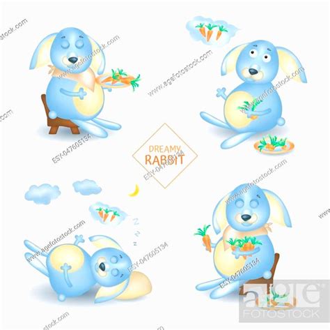 Dreaming rabbit character set. Collection cute bunny. Vector cartoon illustration isolated on ...