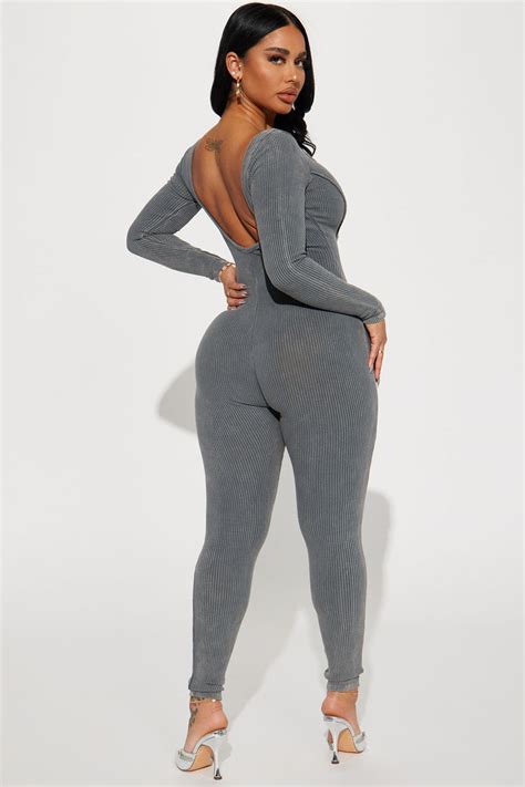 Ayla Mineral Wash Ribbed Jumpsuit Charcoal Fashion Nova Jumpsuits