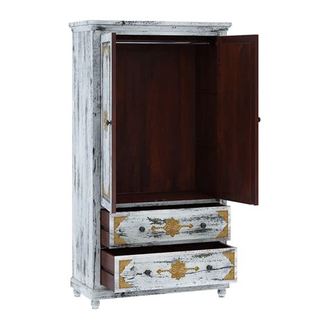 Tudor Brass Inlay Distressed Solid Mango Wood White Clothing Armoire