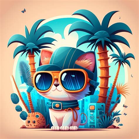 Premium Photo | Summer background cat wearing sunglasses with beach and ...