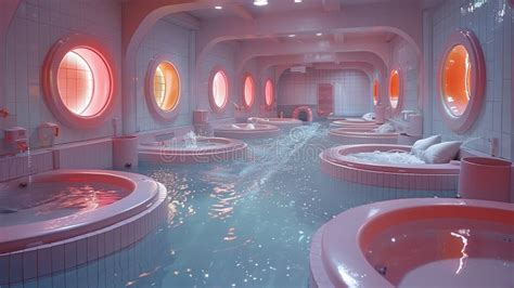 Pink Indoor Pool with Circular Hot Tubs and Round Windows Stock Photo ...