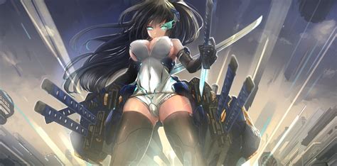 Wallpaper Long Hair Anime Girls Weapon Black Hair Thigh Highs