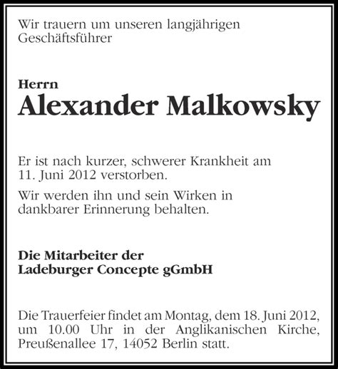 Traueranzeigen Von Alexander Malkowsky M Rkische Onlinezeitung