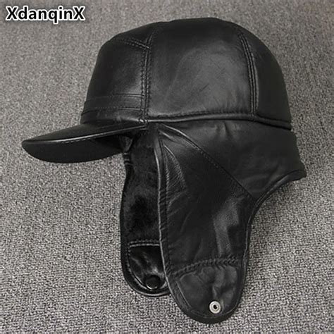 Xdanqinx Genuine Leather Hat For Men Winter Warm Bomber Hats Earmuffs