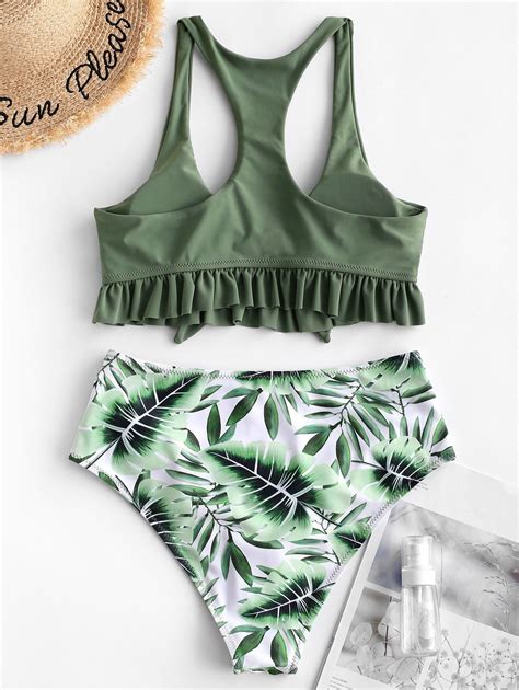 Zaful Leaf Print Ruffled Knot Racerback Tankini