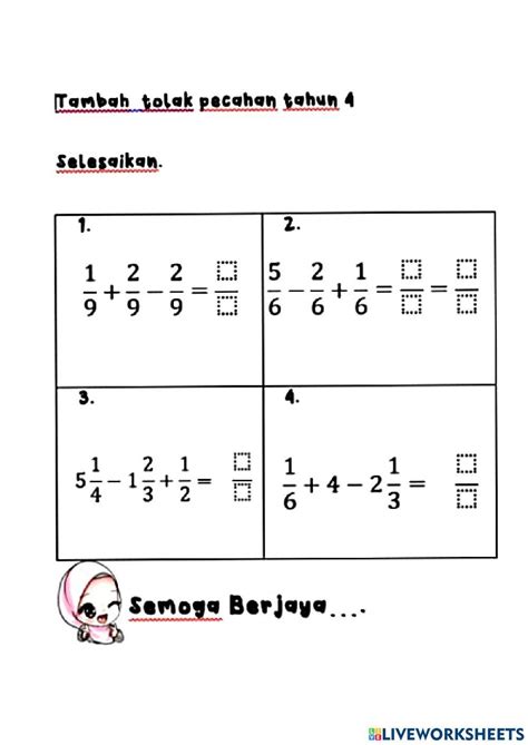 Tambah Tolak Pecahan Worksheet Live Worksheets