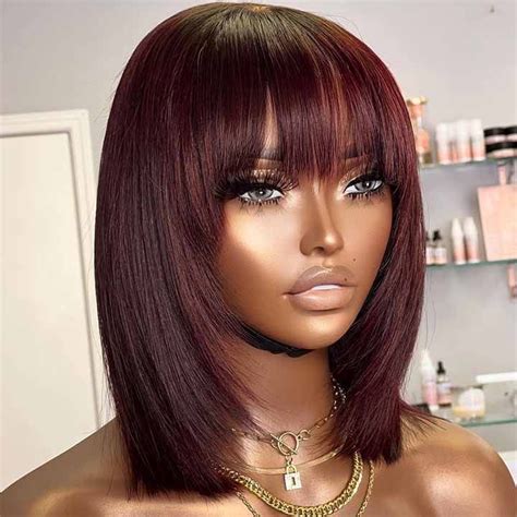 Burgundy Colored Straight X Lace Front Bob Layer Cut With Bangs