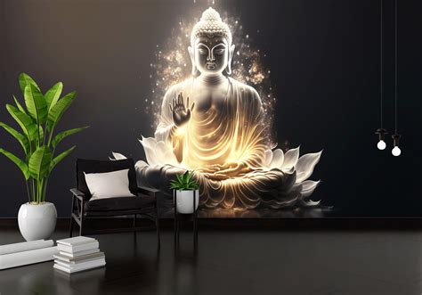 White Buddha Wall Mural For Living Room Buddha Wallpaper Etsy