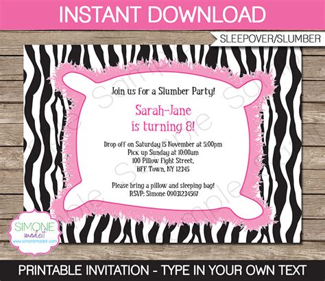 Zebra Print Slumber Party Invitations