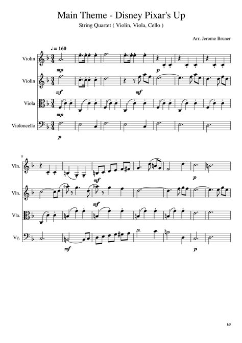 Disney Pixars Up Main Theme String Quartet Sheet Music