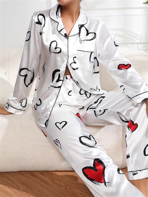 Heart Print Contrast Binding Satin Blouse And Pants Pj Set Pajama